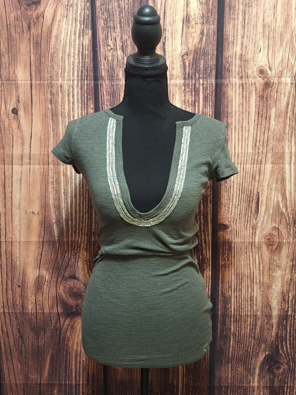 American Eagle Outfitters Y2k Scoop Neck Tee with Metallic Bead Accent
